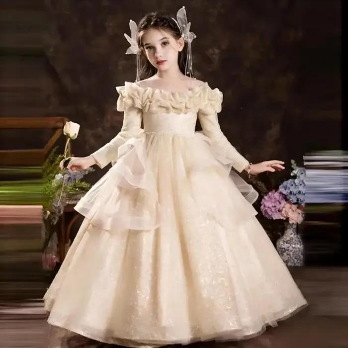 Robe de Cérémonie Fille 2026 – Robe Longue à Fleurs et Manches Longues pour Enfants, Idéale pour Hôt