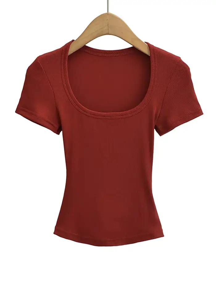 Haut court à col carré pour femmes, coupe cintrée, pull à manches courtes, très extensible, chemisie