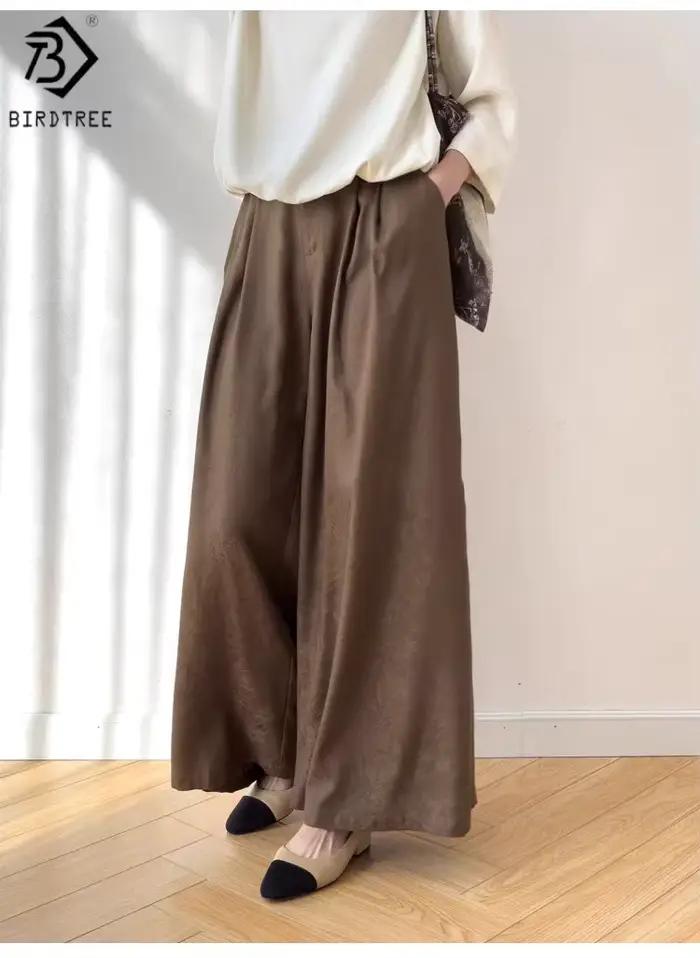 Pantalon en soie véritable 100% Birdtree 28M, pantalon large à taille élastique jacquard pour femme,