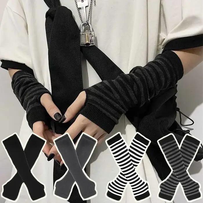 Y2K gothique Lolita gants bras couverture Harajuku chauffe-bras noir gris rayé sans doigts Punk long