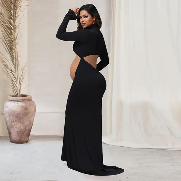 Robe de grossesse, accessoires de photographie, robe Maxi à col roulé, manches longues découpées sur