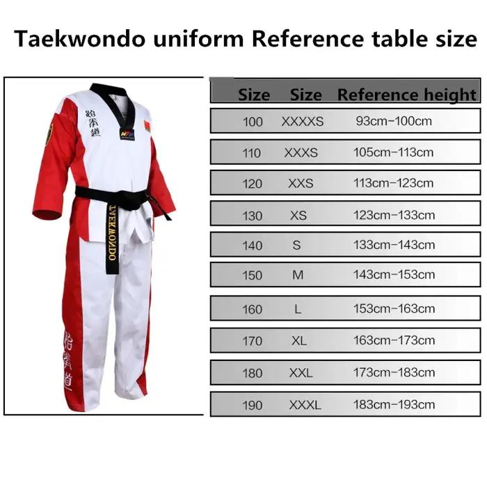 Uniforme de Taekwondo Dobok col V pour adultes et ados - Vêtements TKD noirs rouge et bleu certifiés WTF 3 documents