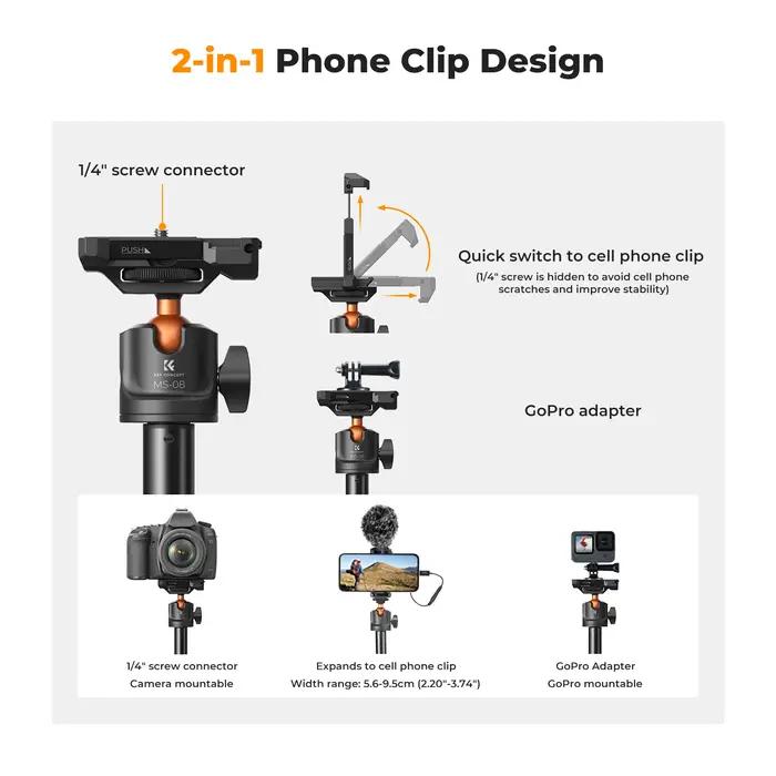 K&F CONCEPT Trépied pour téléphone portable, bâton de selfie et télécommande Bluetooth, trépied exte