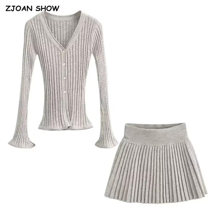 Cardigan en tricot torsadé à col en V pour femmes, taille élastique, mini jupe plissée, olympiques a