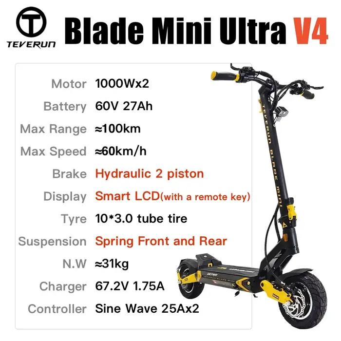 TEVERUN lame MINI Ultra V4 1000W * 2 moteur 60V 27Ah batterie écran LCD avec clé à distance 10 pouce