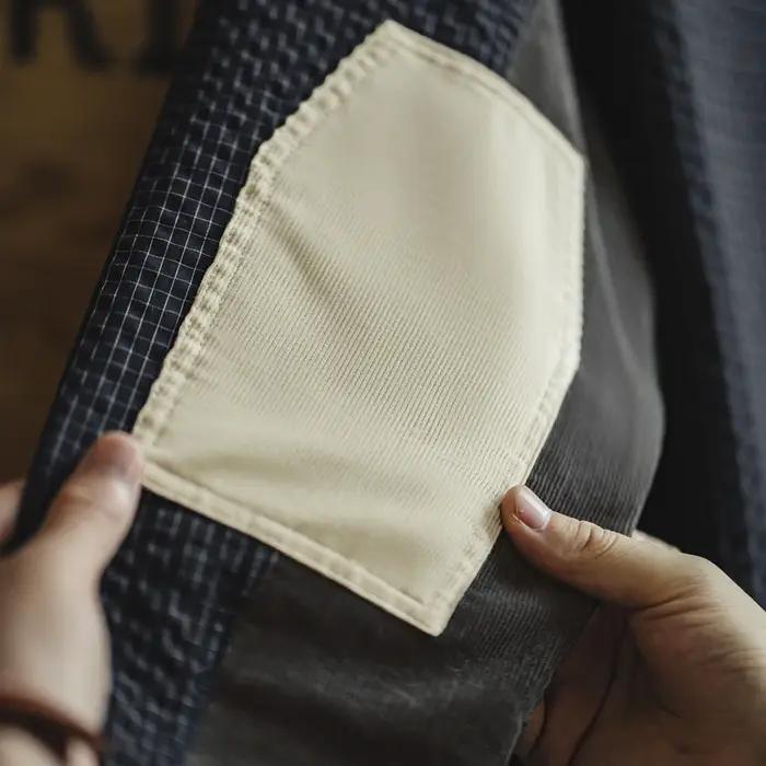 Maden-Chemise à carreaux rétro Seersucker pour homme, manches longues, revers texturé, épissage, con