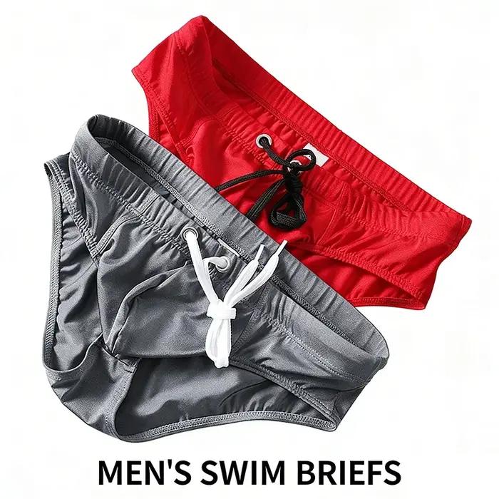 Slip de bain homme couleur unie taille basse avec cordon de serrage, séchage rapide, double couche,
