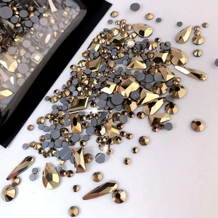 Strass pour ongles mixtes AB à dos plat, multi-formes AB/clair/rouge/or, cristal de luxe 9D SS3, Min