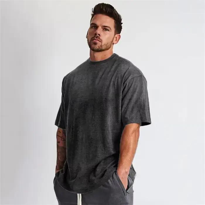 Couleur unie Gym course Sport vêtements Fitness surdimensionné chemise en coton ample hommes Hip Hop