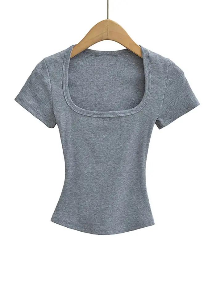 Haut court à col carré pour femmes, coupe cintrée, pull à manches courtes, très extensible, chemisie