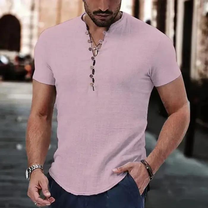 T-shirt à manches courtes pour hommes, chemise boutonnée en coton et lin, vêtements décontractés pou