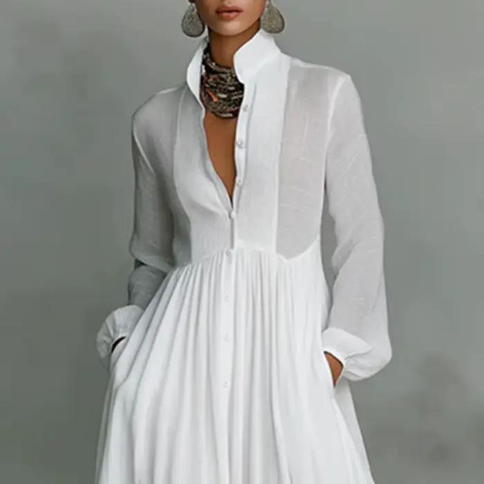 Robe longue élégante à taille haute pour femme, style swing, avec poches, plissée, pour le printemps