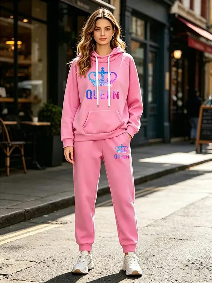 Survêtement pour femme imprimé Queen sweat-shirt à capuche pantalon décontracté vêtements de sport tendance automne hiver activité physique extérieure