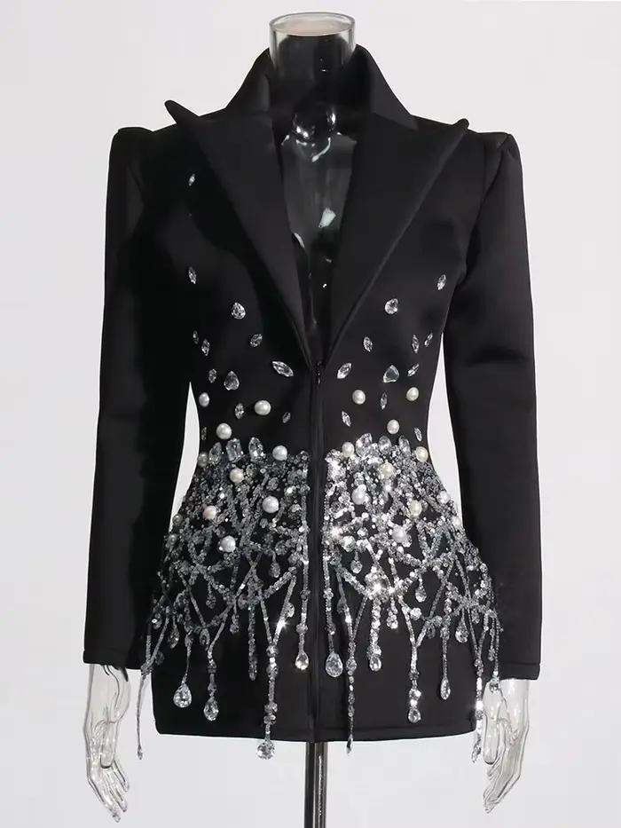 DEUX TWINSTYLE Patchwork Paillettes Tempérament Robe Pour Les Femmes Revers À Manches Longues Taille
