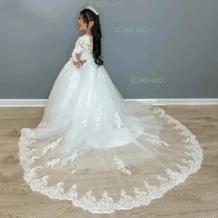 Robe de soirée blanche pour enfants 2026, style tutu à traîne, manches longues, pour spectacle, anni
