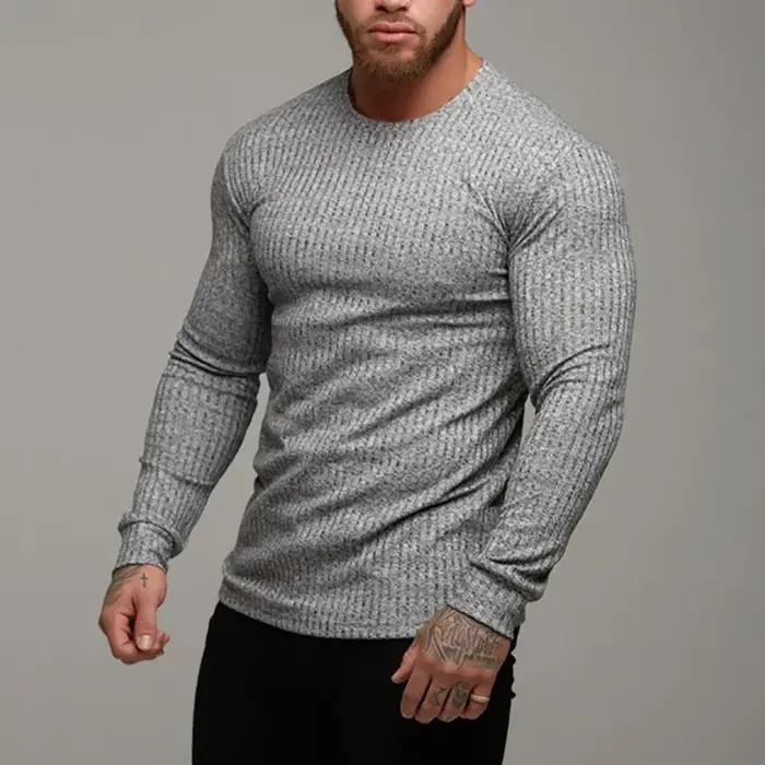 T-Shirts de gymnastique unis à manches longues pour hommes, chemises à bandes de sport ajustées, tri