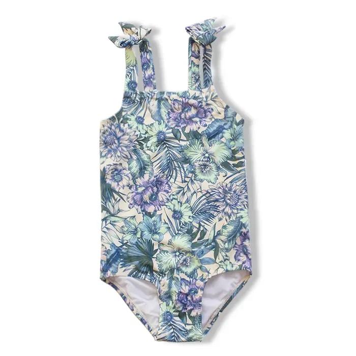 Été fleur imprimé filles enfants une pièce maillots de bain maillot de bain nœud déco enfants plage