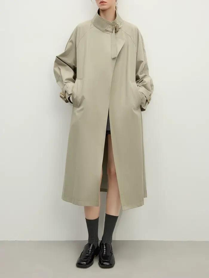 FSLE-Manteau long décontracté à col montant pour femme, tenue de bureau, style britannique, nouvelle