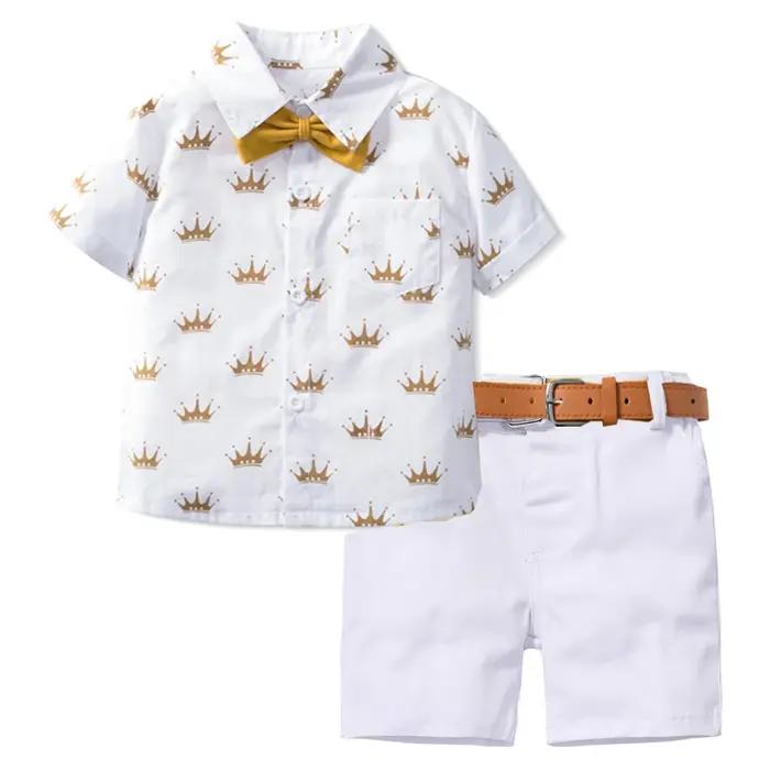 Ensembles de vêtements d'été pour garçons T-Shirt Polo imprimé couronne short blanc nœud papillon jaune vêtements pour enfants occasions spéciales jeux de plage activités scolaires