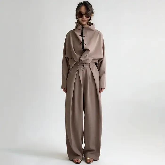 LIMO 2026 Femme : Ensemble deux pièces élégant à nœud chinois – Haut zippé à col montant et pantalon