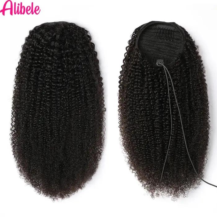 Alibele-Extensions de Cheveux Humains Crépus Bouclés Afro, Queue de Cheval Longue à Clips, 10-28 Pou