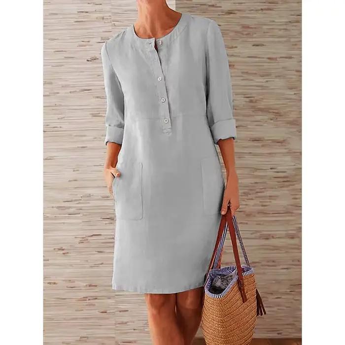 Robe tunique en coton et lin pour femmes, décontractée, solide, manches longues, Vintage, droite, ma