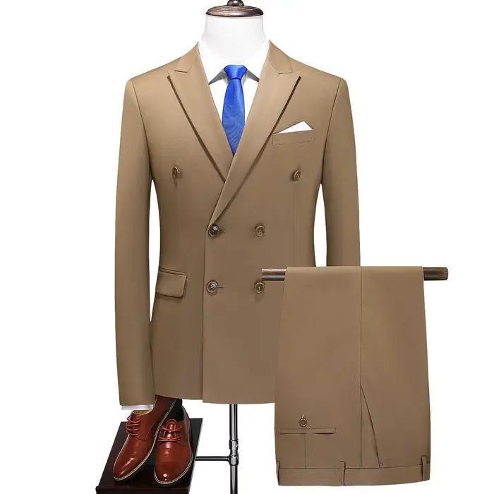 Costume (Blazer + pantalon) pour hommes, mode Business Elegante, couleur unie, décontracté, Double b