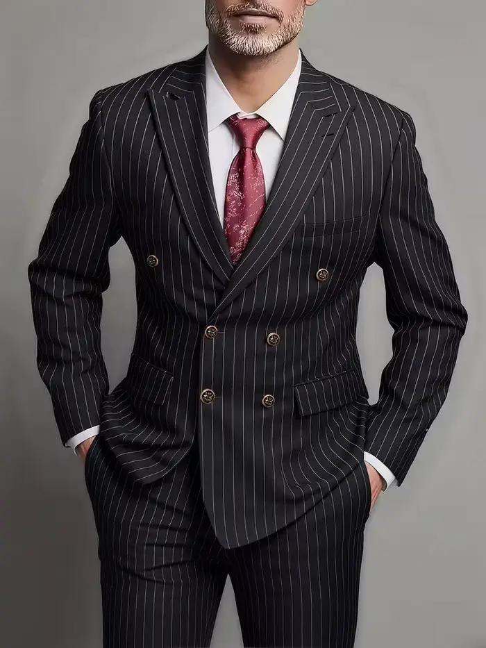 Costume Homme Deux Pièces Croisé Tendance et Ajusté pour Mariage ou Tenue Décontractée en Tissu Rayé
