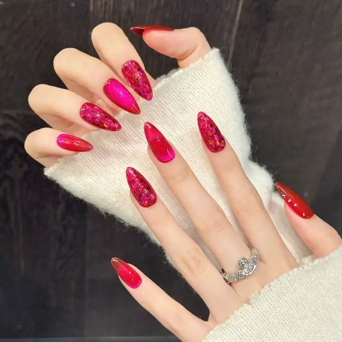 10 pièces Rose rouge oeil de chat presse sur ongles solide Pitaya couleur amande à la main faux ongl