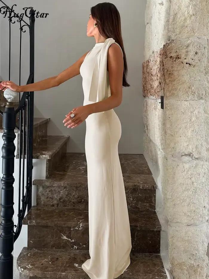 Hugcitar mode solide col rond sans manches Patchwork Sexy moulante Maxi robe de bal été femmes vêtem