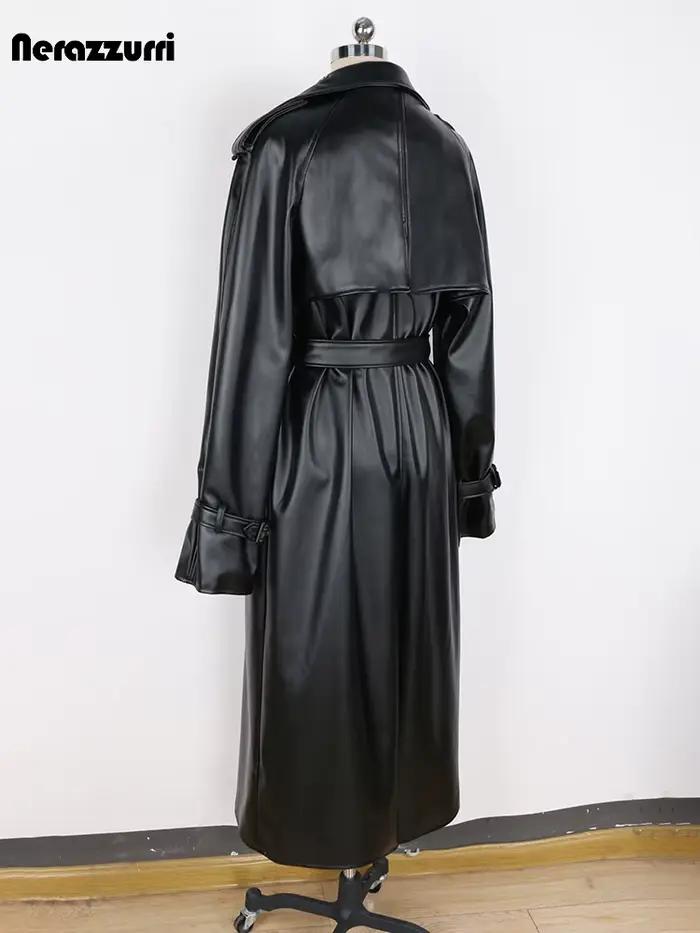 Nerazzurri-Manteau long en cuir PU pour homme, pardessus croisé, coupe-vent, imperméable, noir, cein