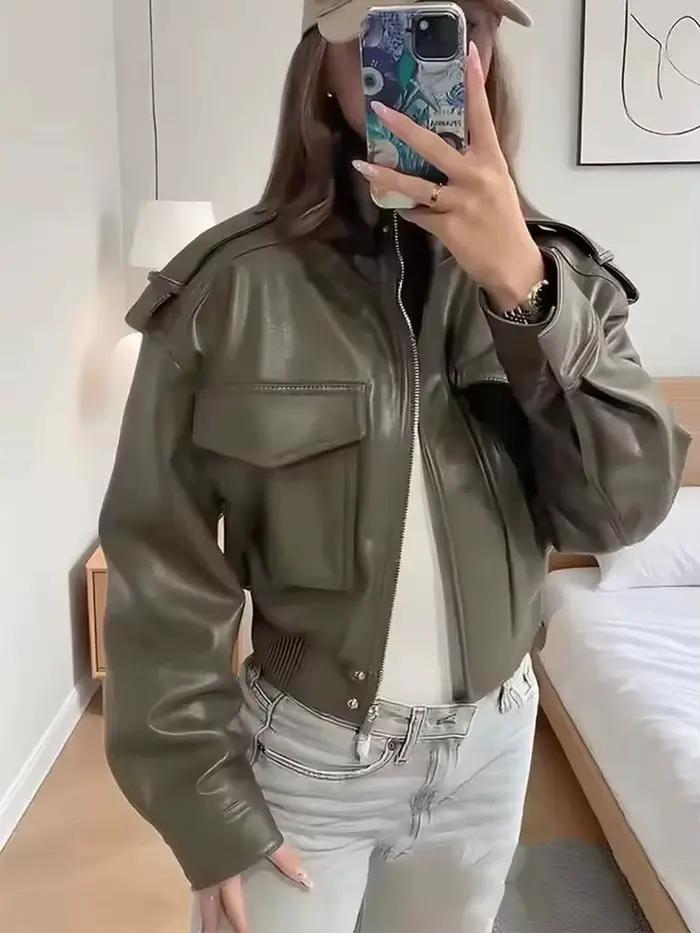 HH femmes Faux cuir recadrée veste vintage Bomber vestes avec poches à manches longues manteaux ferm