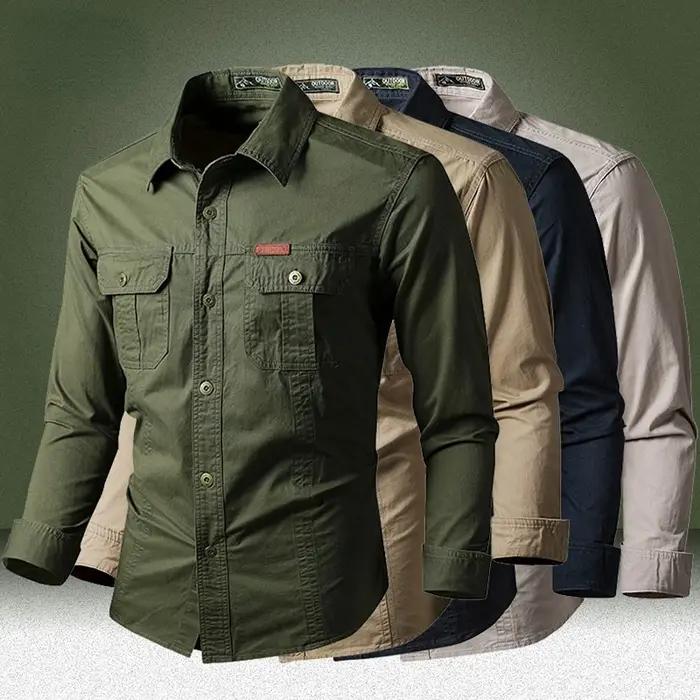 Chemises Cargo Militaires Homme Printemps Automne Coton Décontractées Coupe Slim Hauts Manches Longu