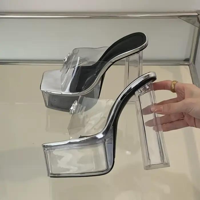 Eilyken-Pantoufles à plateforme en cristal argenté transparent pour femmes, sandales à talons carrés