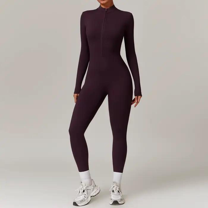 Vêtements de sport une pièce à manches longues pour femmes, barboteuse de Yoga à fermeture éclair, c