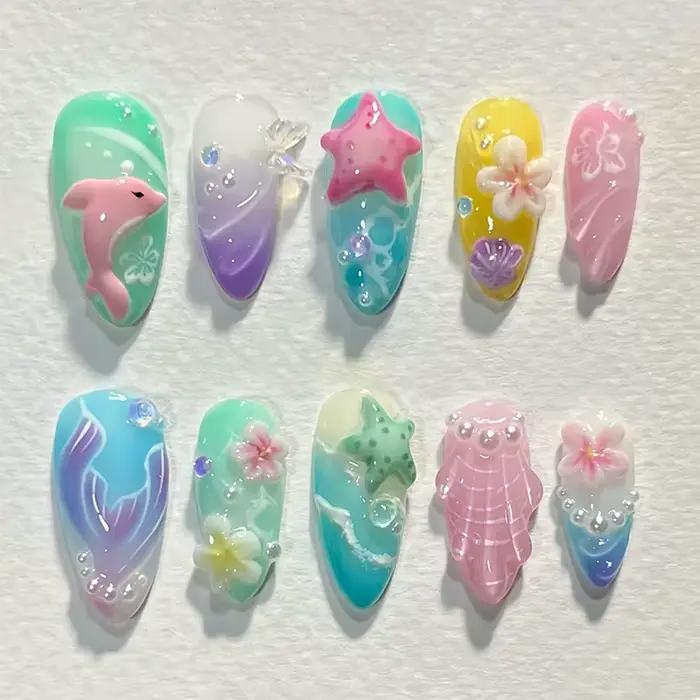 Faux ongles colorés d'été en amande, 24 pièces, avec fleurs 3D, peintures de plage, à pression, couv