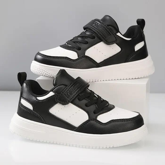 Baskets en Cuir Confortables et Plates pour Garçon et Fille, Chaussures Noires et Blanches Antidérap