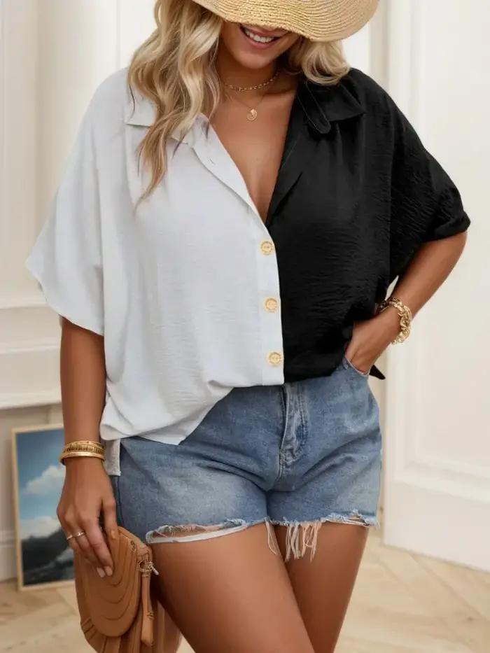 Chemise d'été grande taille pour femmes, Cardigan Chic à blocs de couleurs, chemisiers respirants él