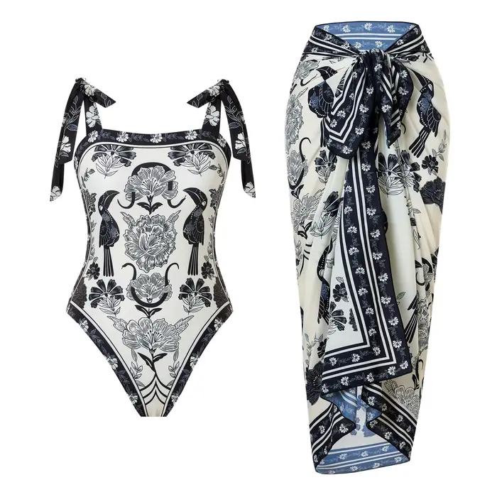 Maillot de bain une pièce imprimé pour femme 2026 avec jupe de plage – Tenue de bain estivale