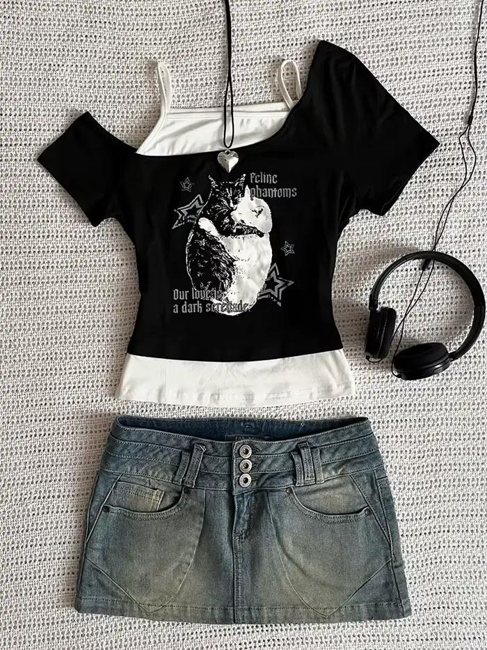 Asthetische Goth Fledermaus Brief Y2K Stil zweitelige T-Shirt Kurzarm Weste Harajuku Streetwear Hose