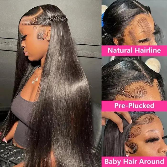Perruque Lace Wig 360 Full Hd, cheveux naturels lisses, sans colle, avec cordon de serrage Invisible