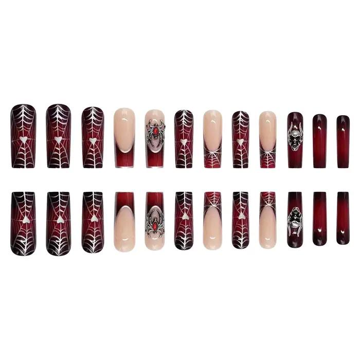 24 pièces français noir presse sur ongles Style Punk 3D araignée crâne conception faux ongles noir r