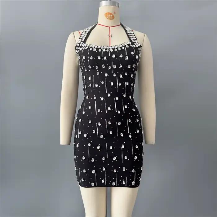 Robe de soirée mini pour femme, style halter, ornée de strass et de diamants, idéale pour les clubs
