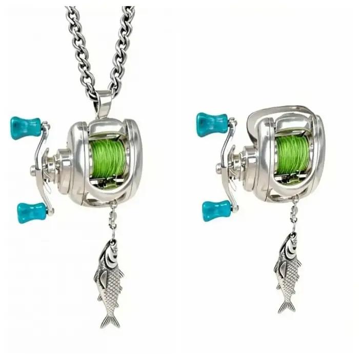 Collier de luxe avec moulinet de pêche rotatif et détachable, pendentif exquis en argent pour homme,