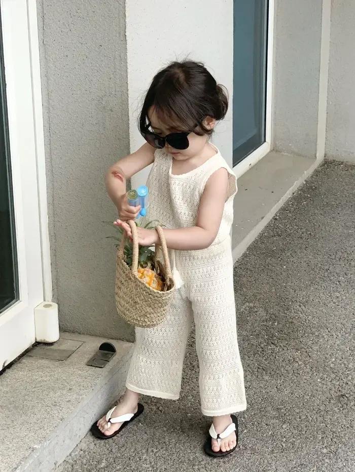 Ensemble de vêtements d'été pour filles, tricoté fin coréen, gilet ajouré et respirant + pantalon à