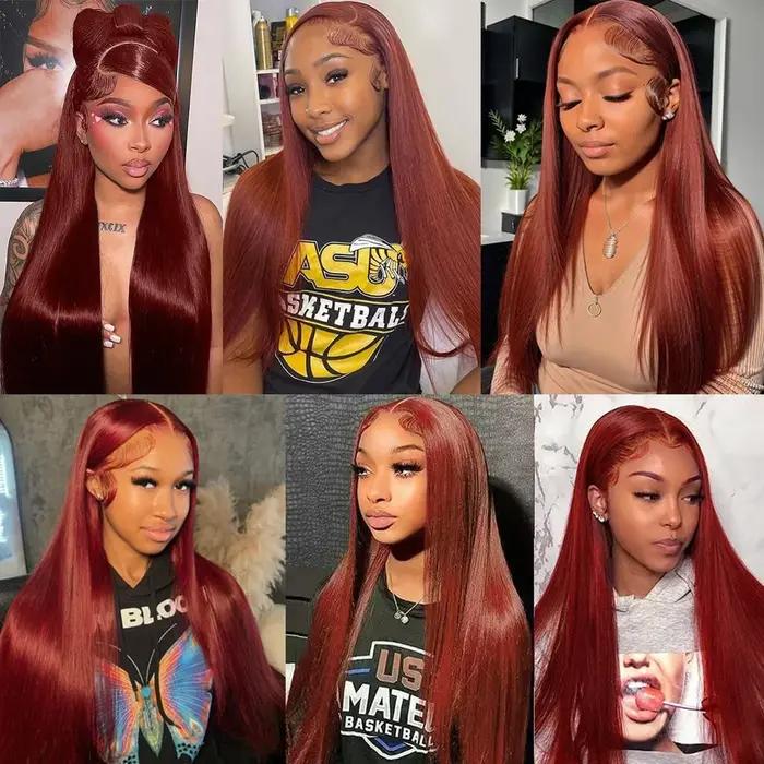 Perruque Lace Frontal Wig brésilienne naturelle lisse, cheveux lisses, brun rougeâtre, 32 pouces, 13