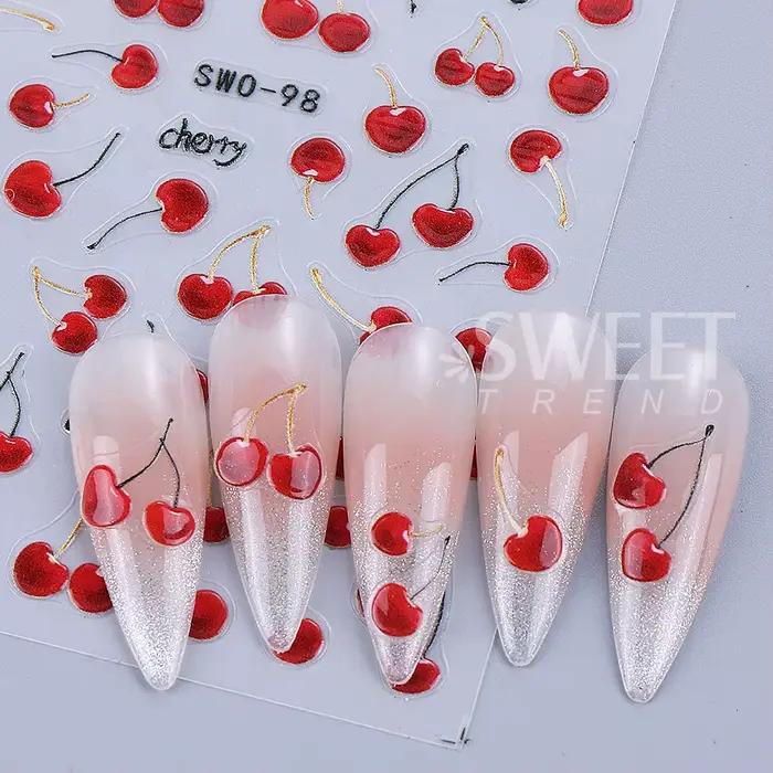 Autocollants pour ongles cerise rouge, 2 pièces, dessin animé fruits cerises tropicaux, Design d'été