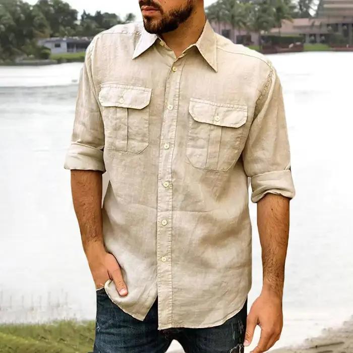 Chemise en coton et lin pour hommes, manches longues, couleur unie, hauts décontractés, revers, Doub