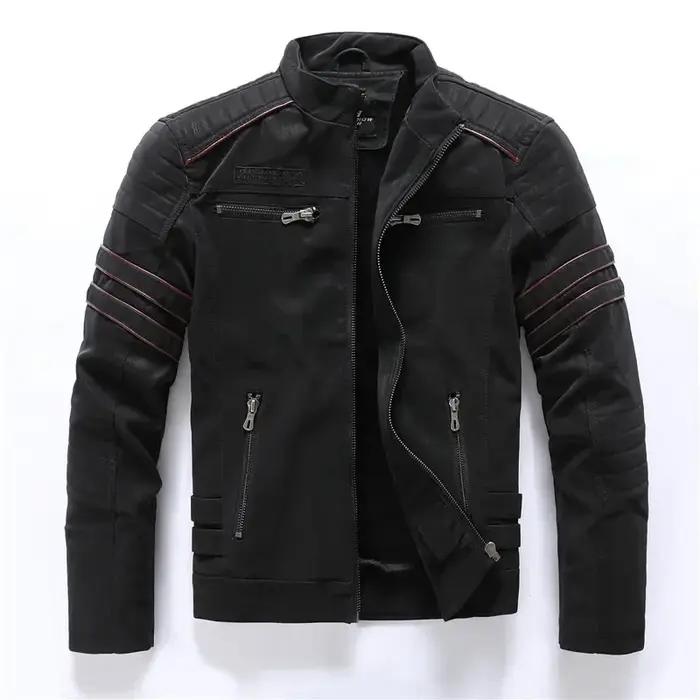 Vintage polaire veste en cuir hiver hommes marque moto PU chaud multi-poches en cuir manteau mâle fe
