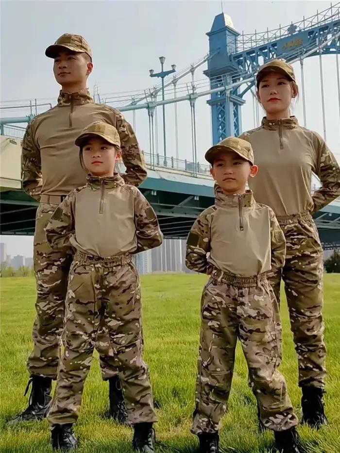 Ensemble de vêtements de chasse et Airsoft pour enfants, uniforme tactique de camouflage, matériel durable, poches pratiques pour randonnées亲子户外探险迷彩战术服装套装,适合儿童使用,耐久材料,实用口袋设计,适合徒步旅行